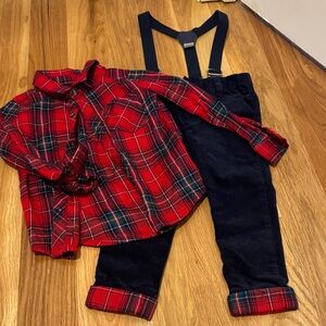 Max Studio Red Plaid Shirt and Navy Overalls Set
